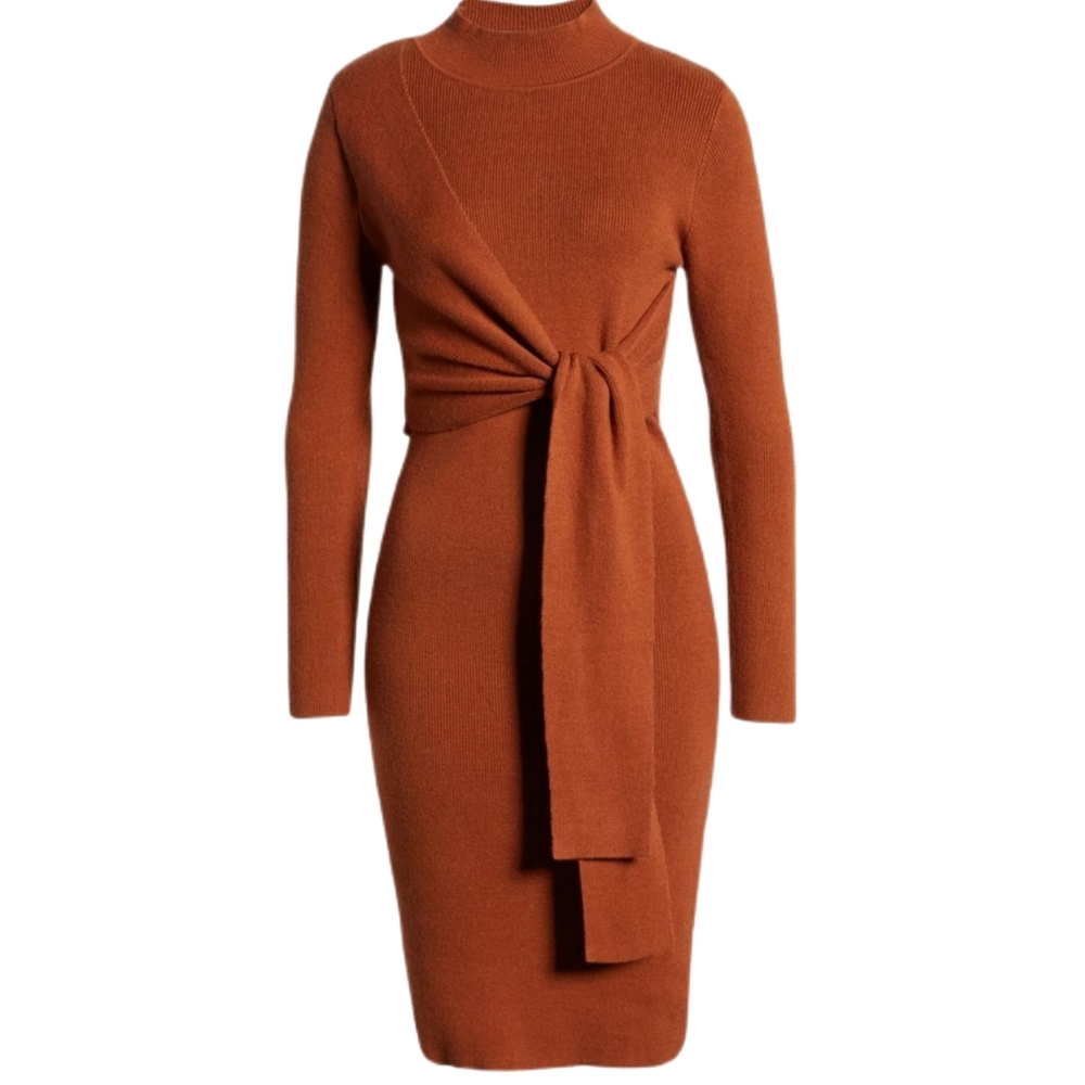 All in Favor Long Sleeve Tie-Waist Sweater Dress in Rust